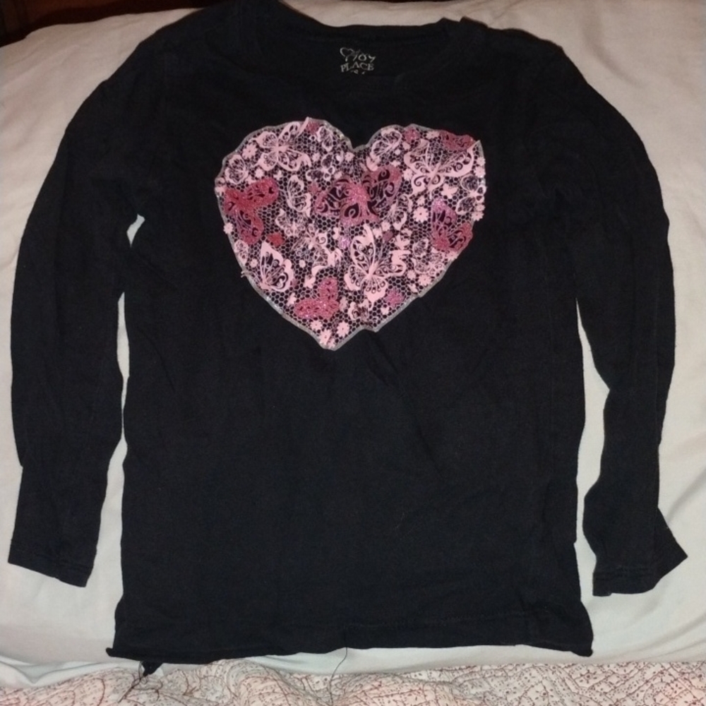 Black Long Sleeve Tee with Pink Sequin Heart